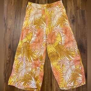 Tahari Pants Womens M 100% Linen High Rise Crop Wide Leg Floral Tropical Beachy